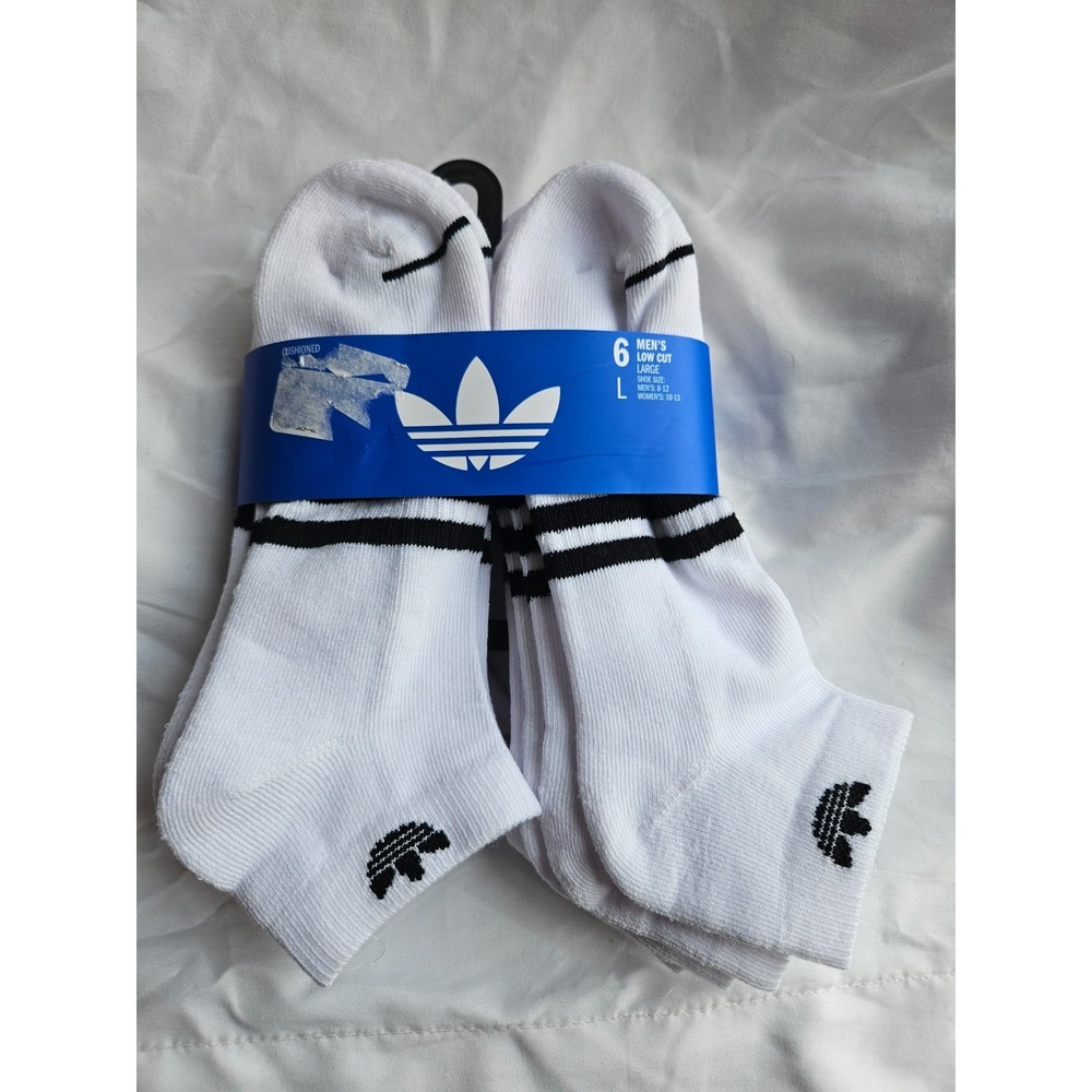adidas 6 Pair White Black Low Cut Socks L Cushioned Mens Shoe 8-12 Women 10-13